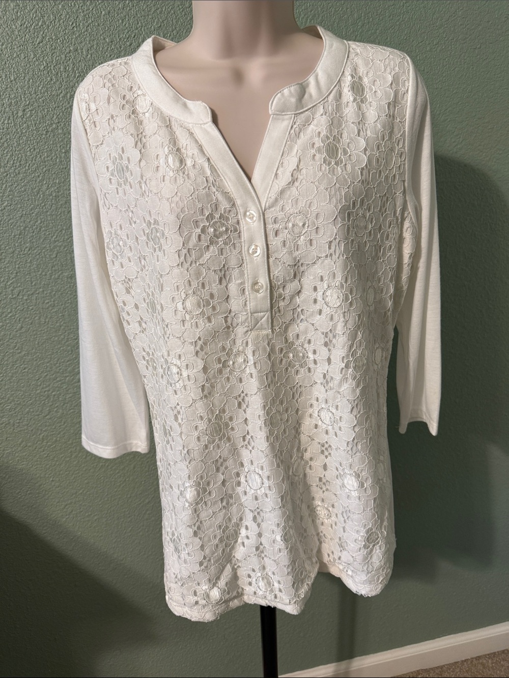 NWOT Cream Lace Henley Blouse with 3/4 Sleeves